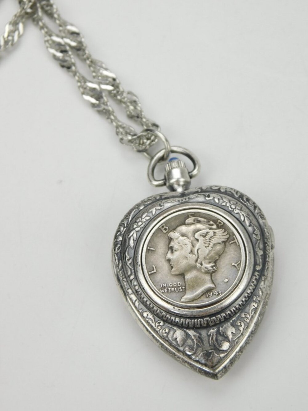 American Historical Society 1940 Mercury Dime Silver Locket Watch Necklace 30” - Picture 3 of 7